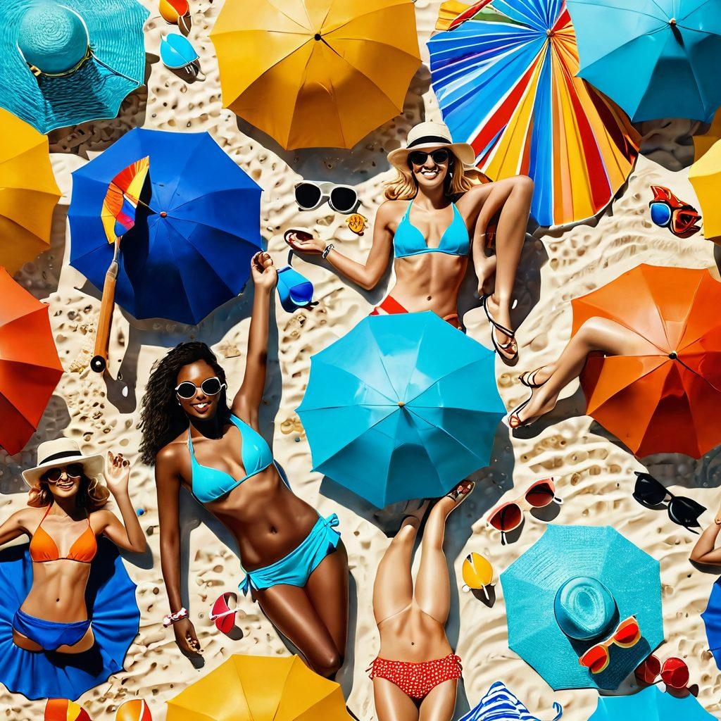 A vibrant beach scene featuring a variety of flirty bikinis on models of diverse body types, showcasing fun summer fashion. The background includes a bright blue ocean, sunbathers, and colorful beach umbrellas, evoking a relaxed romantic getaway vibe. Sunlight sparkles on the water, and playful beach accessories like hats and sunglasses add to the summer feel. The overall ambiance is joyful and vibrant, inviting viewers to embrace summer adventures. super-realistic. vibrant colors. beach aesthetic.