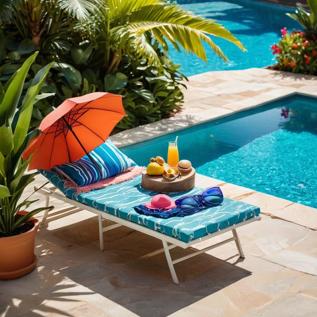 A sunny poolside scene featuring colorful, fashionable swimwear laid out on a stylish lounger. In the background, there’s a shimmering blue pool with tropical plants and a bright umbrella, creating a lively and inviting atmosphere. Lively accessories like sunglasses, beach hats, and refreshing drinks are scattered around, evoking a flirty summer vibe. The overall mood is cheerful and enticing, with hints of adventure. vibrant colors. 3D.
